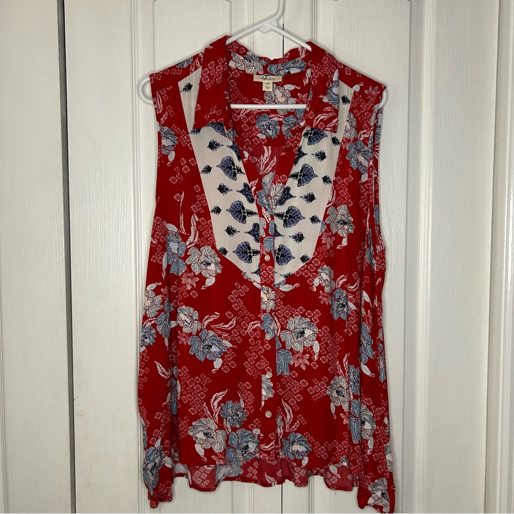 Style & Co. Red and Blue Print Floral Blouse XXL